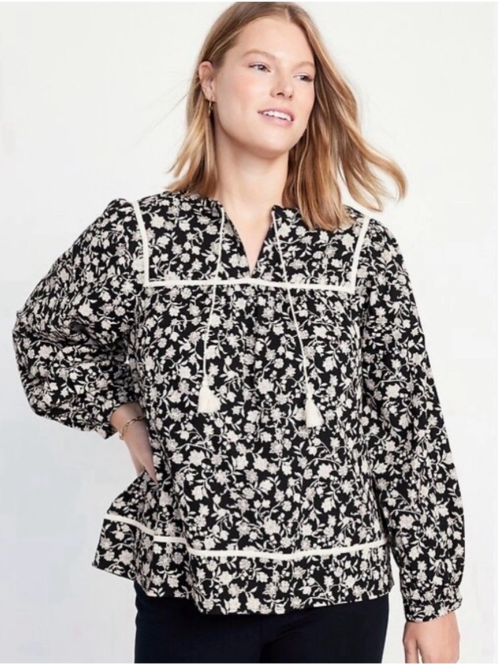 Old Navy Relaxed Split Neck Long Sleeves Top Size 3X Black Floral New